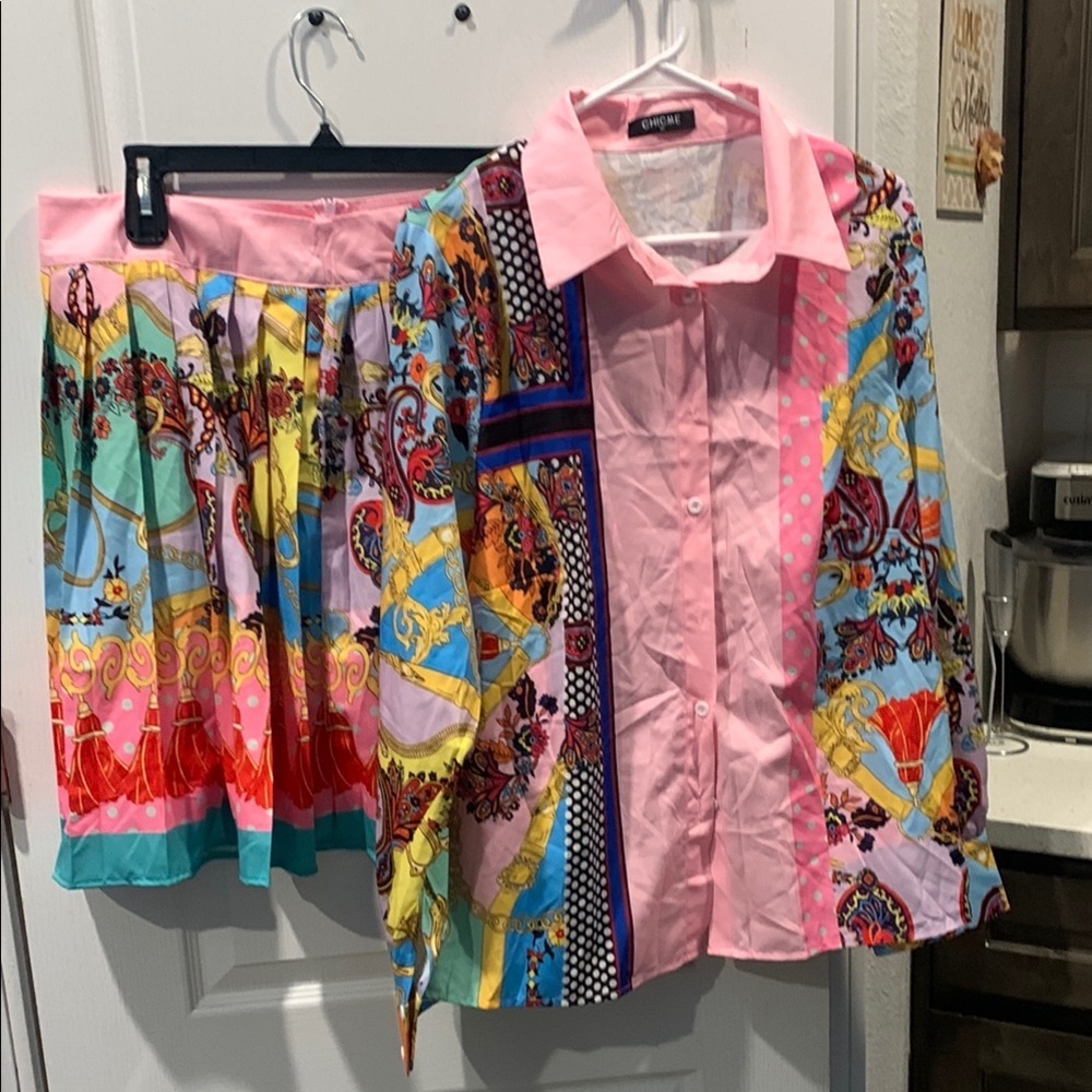 Colorful Patterned Shirt and Skirt Set
